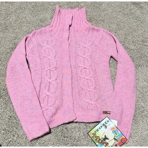 Y2K Mudd Pink Cable Knit Turtleneck Cardigan Sweater Size L Snap Front NWT